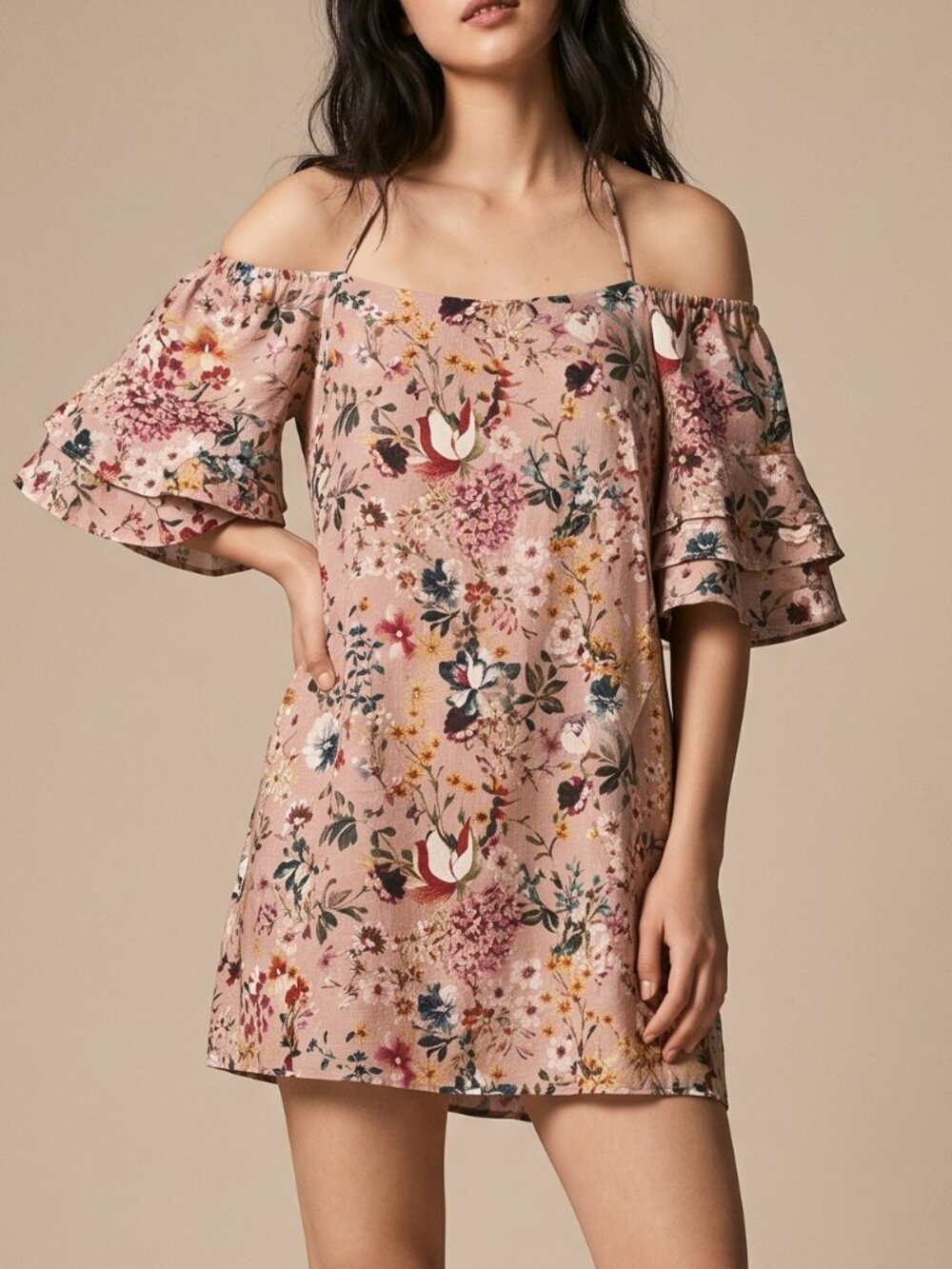 Zara Basic NWT Linen Blend Cold Shoulder Floral Ruffle Mini Dress XS